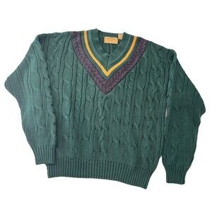 New River Co Authentic Heavy Knit Size Large V-Neck Green 100% Cotton